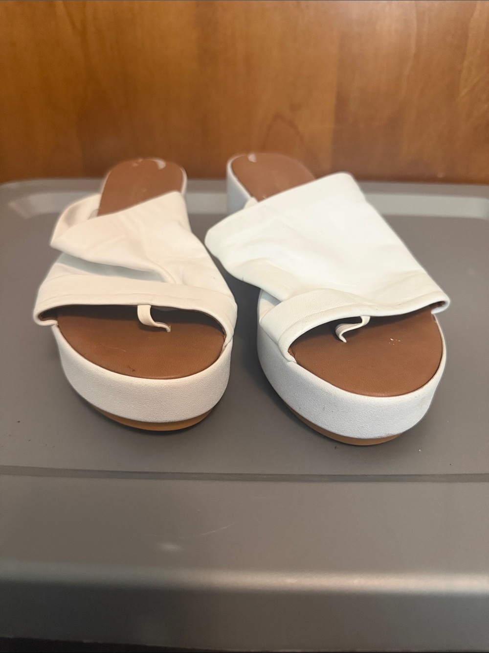 White Leather Slide Platform Sandals - Women's